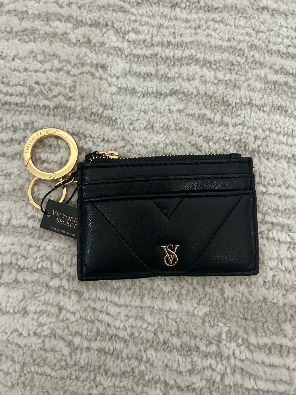 Victoria's Secret Black Quilted Card Holder with Gold Keyring Accent